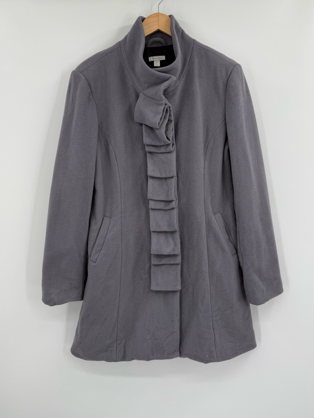 Garnet Hill Ribbon Candy Wool Coat Ruffle Placket Stand Collar | Gray | 14